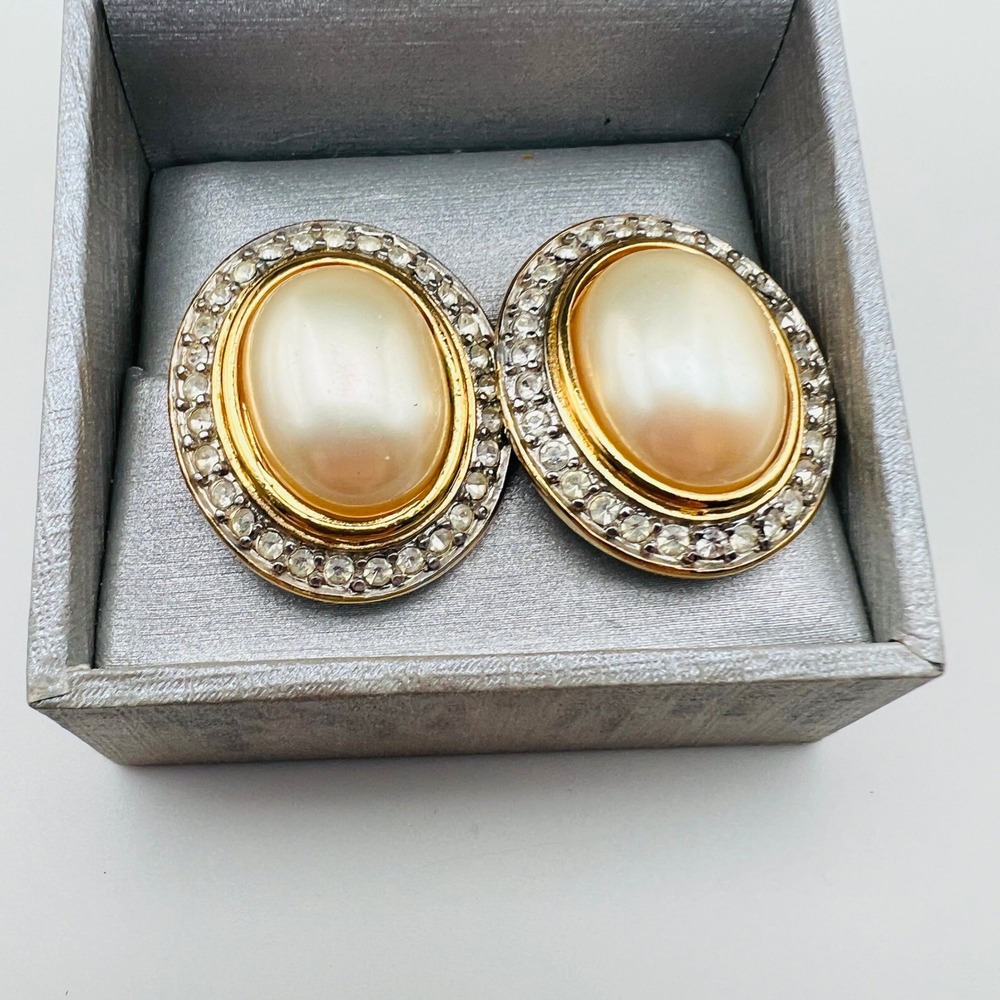 Vintage Faux Pearl Rhinestone Pierced Earrings Oval Stud Glamour Retro Statement